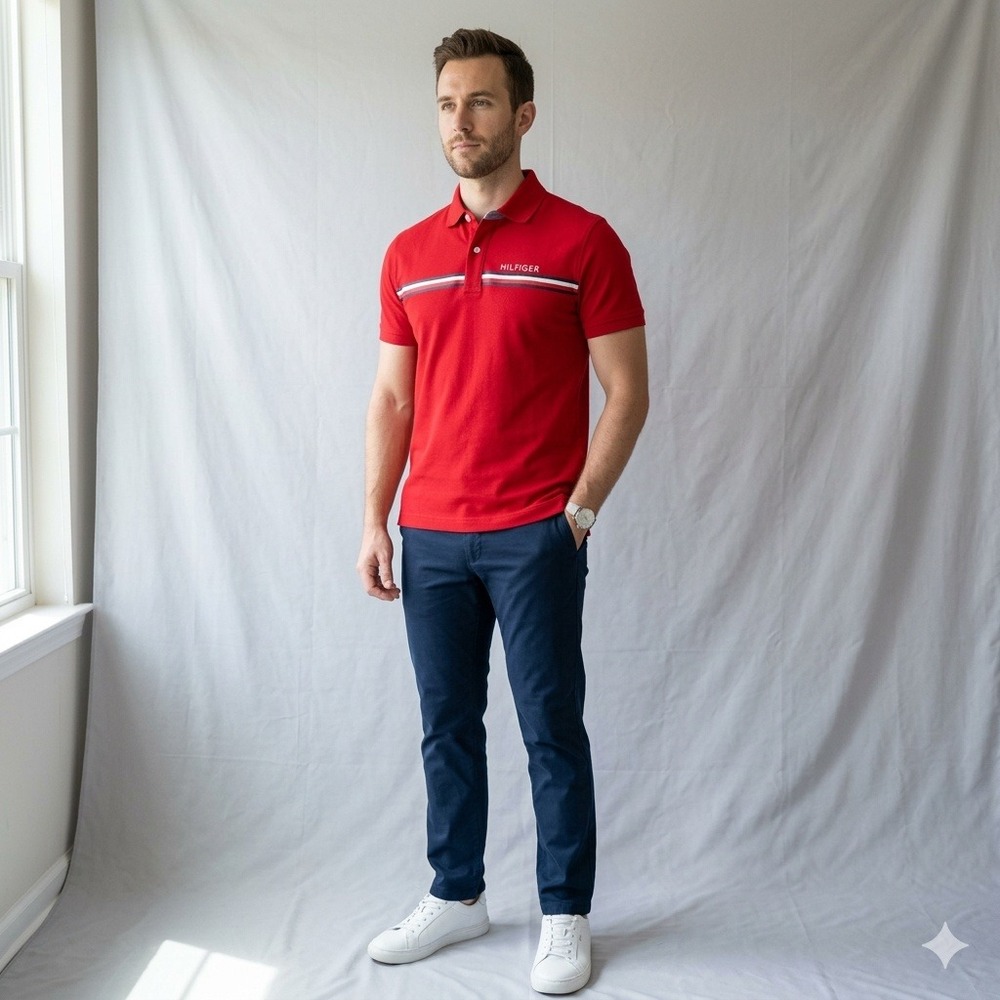 Tommy Hilfiger Mens Red Chest Stripe Polo Shirt Short Sleeve Size M 78JB517‎ 600